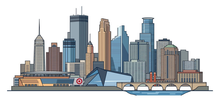 Colorful Minneapolis skyline vector flat illustration. Panoramic cityscape with modern downtown buildings bridge river and arena architecture