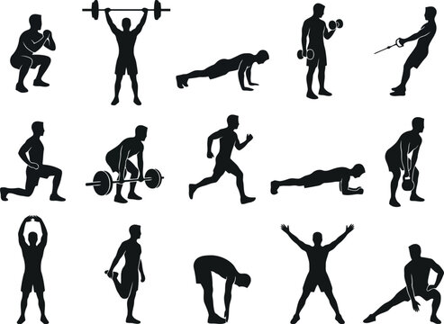 Set of black silhouettes of a man doing different fitness exercises and weight lifting gym workout routines