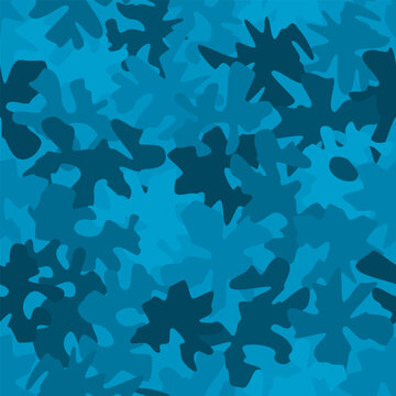 Denim blue camouflage seamless pattern. Classic camouflage stains with denim fabric texture. For clothing design.