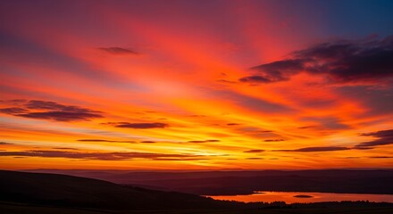 Fototapeta premium Breathtaking fiery sunset with intense red, orange, and purple clouds reflecting over a calm lake, surrounded by dark silhouettes of rolling hills