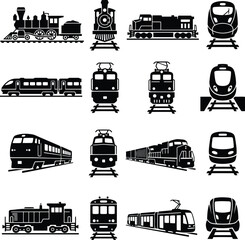Set of black train icons and locomotive symbols including steam engine high speed train and subway transport silhouettes © Bacon