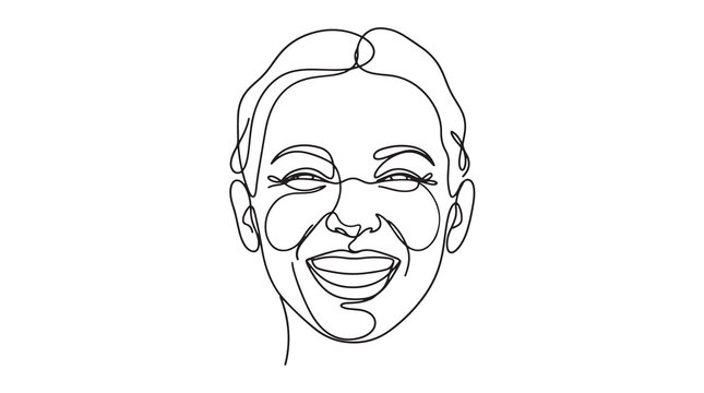 A minimalist single-line drawing of a woman's joyful laughing face, perfect for diverse creative projects
