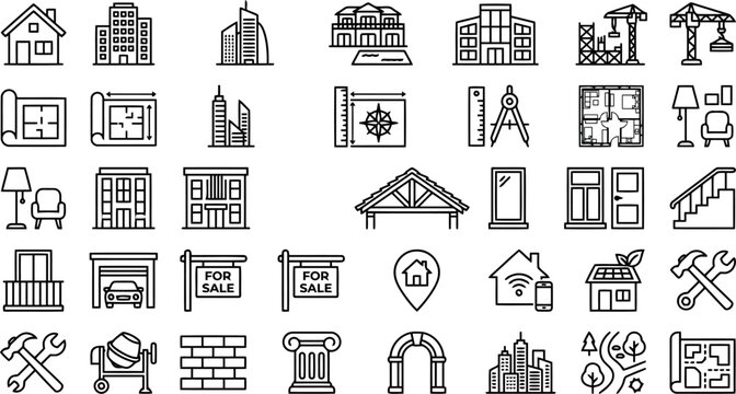architecture outline icons, building linear icon set