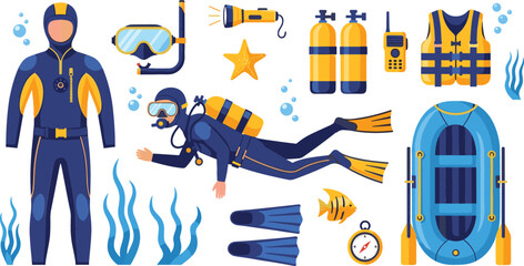 Scuba diving equipment set with diver suit oxygen tanks fins mask and underwater gear collection, marine exploration and diving safety illustration bundle © Sanjida