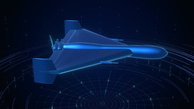 3D Blue Wireframe Delta-Wing Drone Hologram for Military Defense and Aerospace