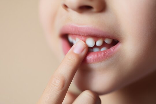 Child with missing baby tooth showing mouth close up, kid touching loose tooth with finger checking dental growth at home. Little child oral hygiene and tooth development concept, pediatric dentistry 