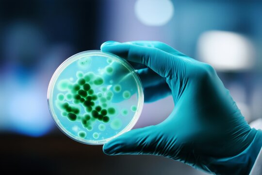 Scientist holding petri dish with bacteria culture in laboratory, medical research and microbiology testing concept, lab technician analyzing infection sample for healthcare diagnostics