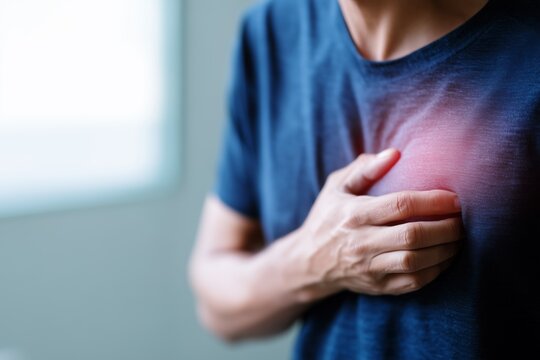 Man holding chest in pain experiencing heart attack symptoms at home, adult male suffering from chest pain and cardiovascular problem needing urgent medical attention