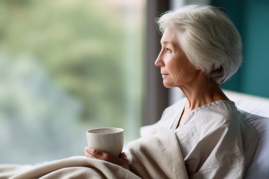 Senior woman patient sitting in hospital room holding cup looking through window, elderly female recovering in clinic thinking about health and treatment during stay in medical facility