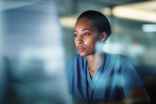 Focused young African American nurse medical worker looking through hospital window at night. Serious female healthcare professional in scrubs thinking about patient care standing in clinic workplace