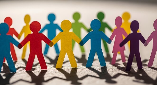 Colorful paper cutout people holding hands in a display of unity and community.