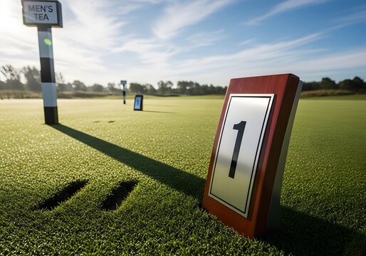 Wooden tee marker number one situated on fresh green grass near white striped post on beautiful early morning golf field.