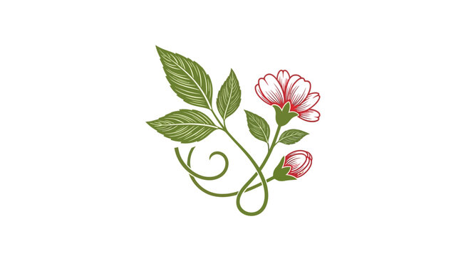 Pink flower with green leaves stem.