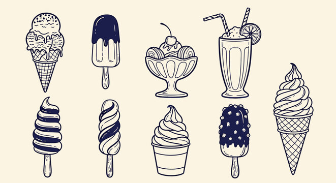 Set of various delicious ice cream icons including cones popsicles sundaes and milkshakes in hand drawn doodle style vector illustration
