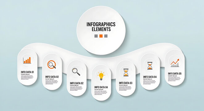 Infographic template with eight white rounded rectangles and light blue background for business presentation  modern design transparent background