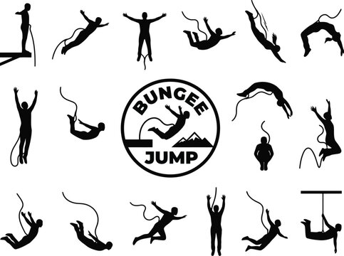 Set of black silhouettes of people doing bungee jumping in different poses and positions with a circular emblem design