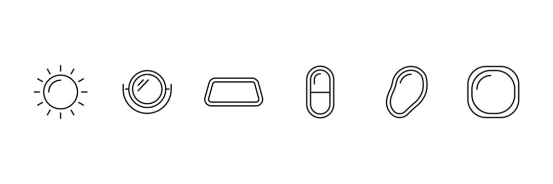 Mirror icon set featuring sun shape tabletop mirror car windshield rear view pill glass irregular organic form and rounded square mirror.