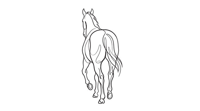 Elegant monochrome line art illustration of a horse walking away, capturing its powerful hindquarters and graceful stride concept, perfect for equestrian and nature-themed designs