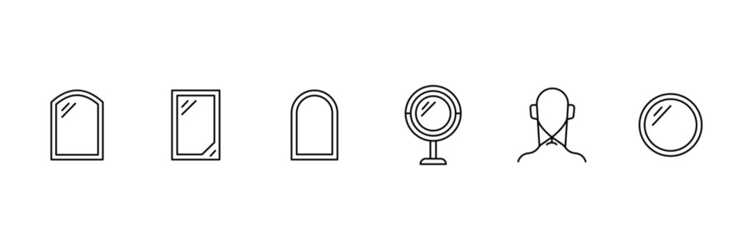 Mirror icon set featuring arched wall glass rectangle frame simple mirror silhouette round tabletop vanity glass and rear view person head.