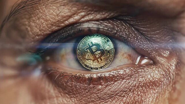 Close-up of a human eye with a reflected coin in the iris