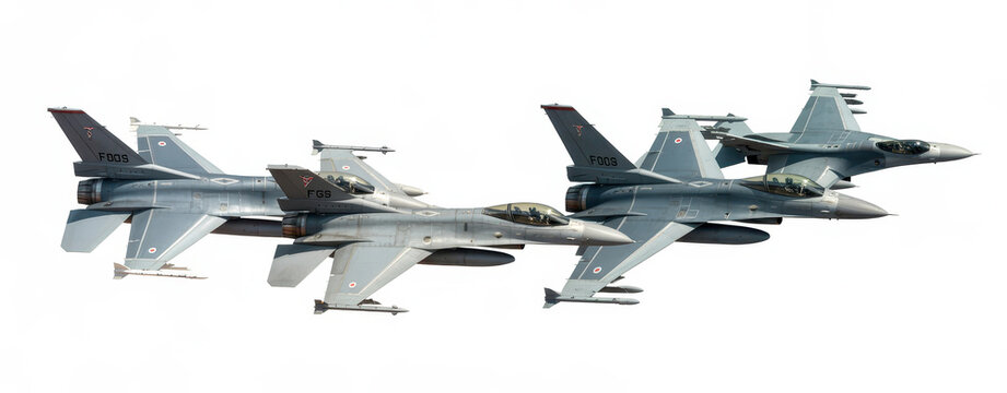 Four grey military fighter jets flying in formation isolated on a plain white background