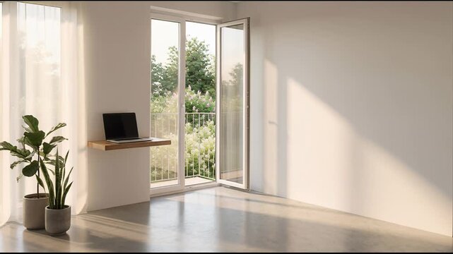 Laptop on wall mounted desk in bright airy room. Minimalist home office setup for remote work. Modern interior design with balcony door and green house plant.