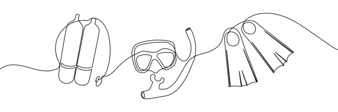 Continuous one line scuba sport water sea illustration vector hand. Scuba diving equipment ocean summer beach design isolated drawing concept mask white sketch vocation diver underwater holiday oxygen