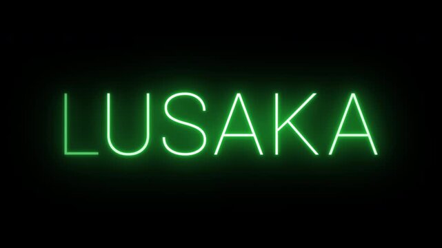 Flickering neon green glowing lusaka sign animated on black background
