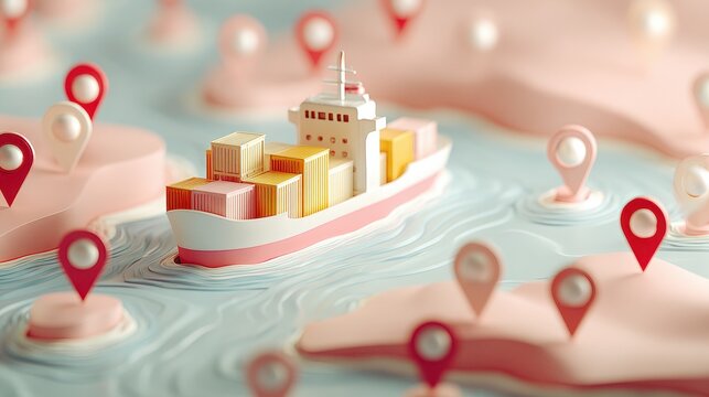 Ocean delivery service, container ship with route arrows and pins, calm pastel palette, 3D illustration. 