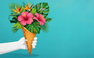 Fototapeta premium Tropical flowers in ice cream cone vibrant colors against blue