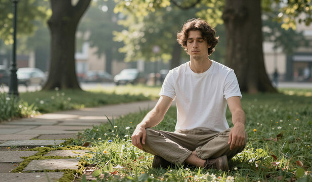 Young man meditating cross legged on grass in urban park