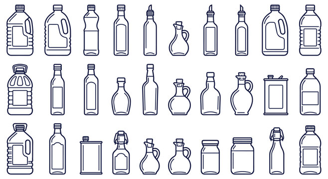 Assorted line art icons of liquid containers and glass jars. Packaging design for olive oil and vinegar bottles in different shapes and sizes. Kitchenware storage and pantry organization tools.