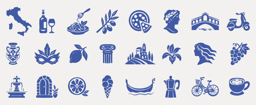 Boho summer vibes Italy set. Retro beach elements, palm tree, wave, seashell, seafood, statues, bike, boat, girl, naive vignetting silhouette. Hand drawn vector illustration.