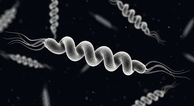 Detailed 3D illustration of the pathogenic bacterium Helicobacter pylori shown closely.