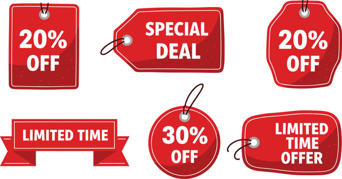 Discount and Offer Tags Icons Set with 20% Off, Special Deal, Limited Time, and Price Reduction Labels