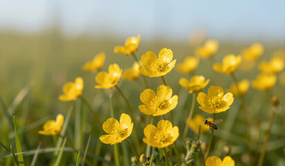 Fototapeta premium Yellow wild buttercup flowers with bee in sunlit grassy meadow