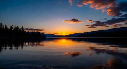 Obraz premium Serene lake sunset with vibrant sky reflections, framed by dark silhouettes of mountains and a dense forest, creating a peaceful landscape