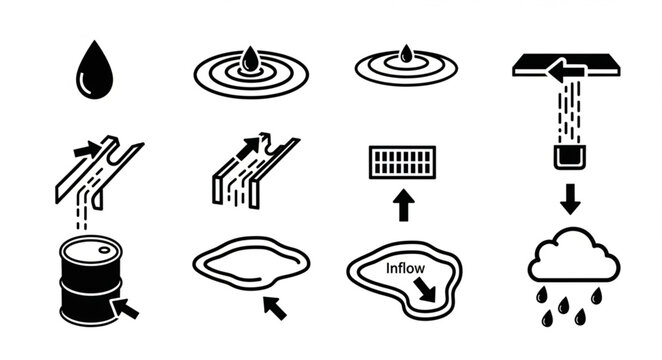 Water cycle and pollution icons set.