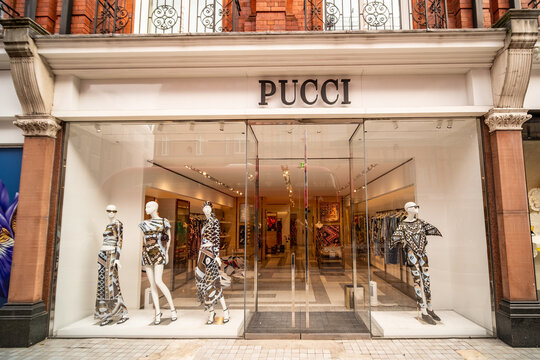 LONDON - Sloane Street Knightsbridge &ndash; Pucci luxury retail store with bold fashion window display.