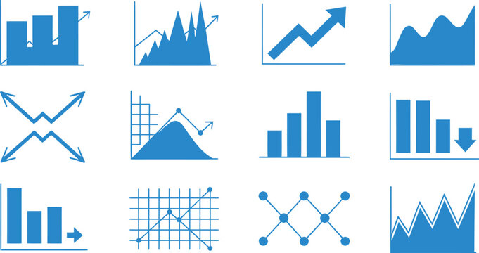 Collection of blue representations of various data charts and graphs
