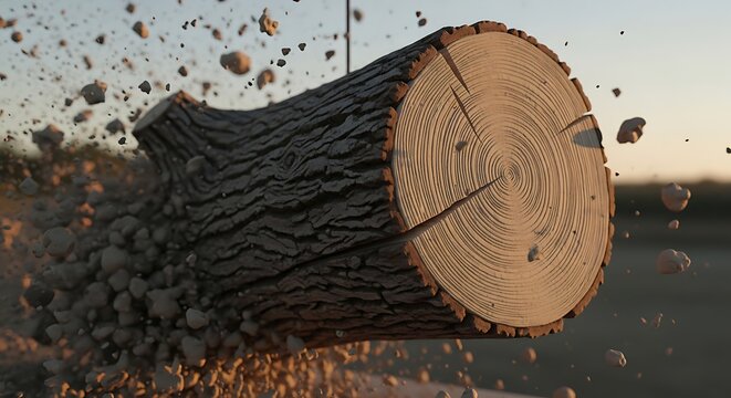 Close up of a log section exploding with debris against a blurred background