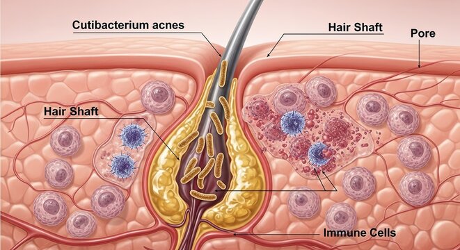 Detailed biological illustration of the skin, hair shaft, pore, and immune cells.