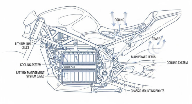 Detailed technical drawing of a motorcycle engine and frame.