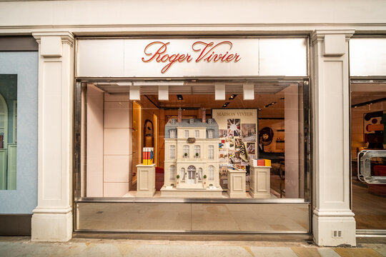 LONDON - Sloane Street Knightsbridge &ndash; Roger Vivier luxury Paris fashion window display with miniature Maison Vivier.