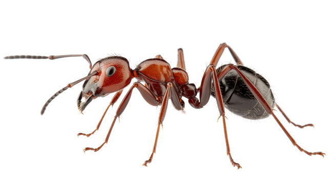 Single red ant standing on a plain white background, showing detailed anatomy