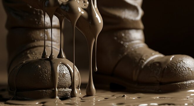 Close up of boots covered in brown liquid with dripping effect