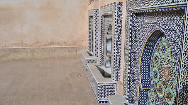 Moroccan islamic architecture with zellige tilework fountain