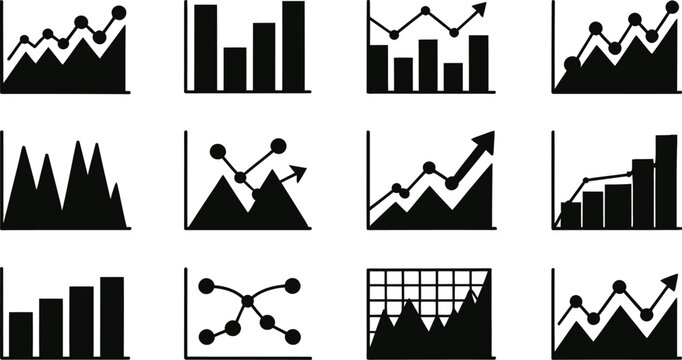 Set of black and white representing various types of data charts and graphs