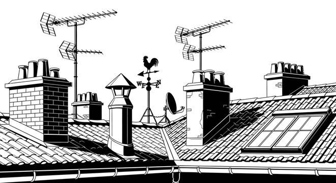 Black and white illustration of urban rooftops with chimneys