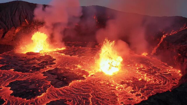 A dramatic aerial view showcases a volcanic eruption with flowing lava and plumes of smoke rising from the fiery landscape, set against a backdrop of a dark mountain.